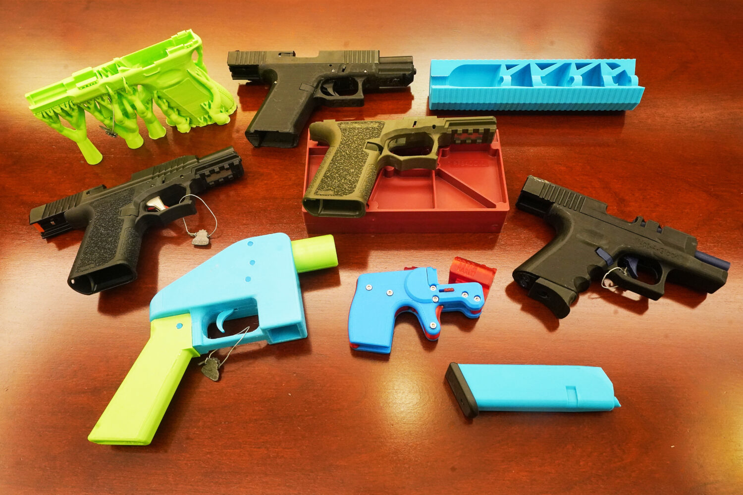 Ghost guns, provided by the New York City Police Department, are displayed in the Manhattan Distric...