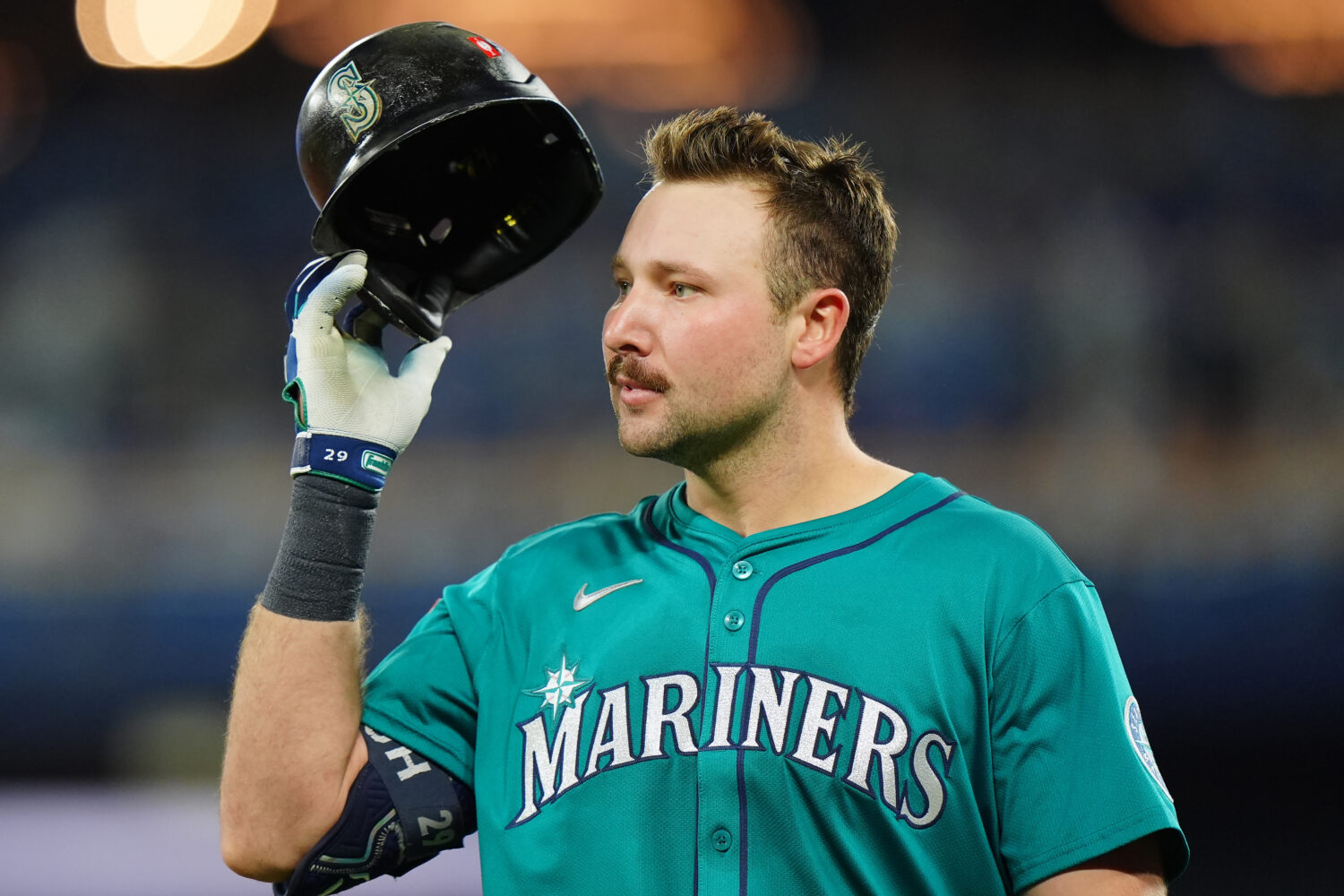Seattle Mariners' Cal Raleigh reacts after grounding into a double play during the third inning of ...