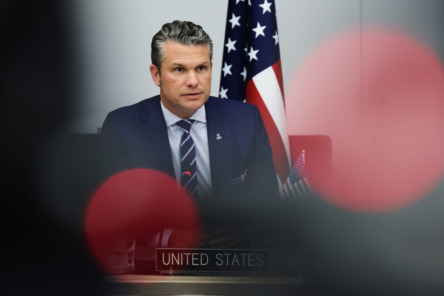 United States Defense Secretary Pete Hegseth addresses a meeting of the Ukraine Defense Contact Gro...