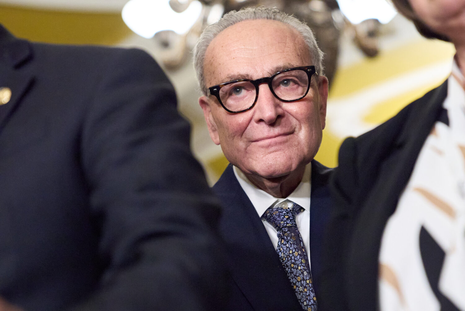 Senate Minority Leader Chuck Schumer, D-N.Y., center, attends a news conference with members of Dem...