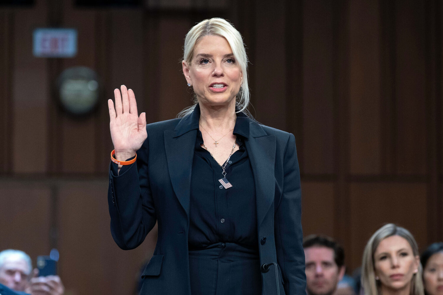 Attorney General Pam Bondi is sworn in before a Senate Judiciary Committee oversight hearing on Cap...