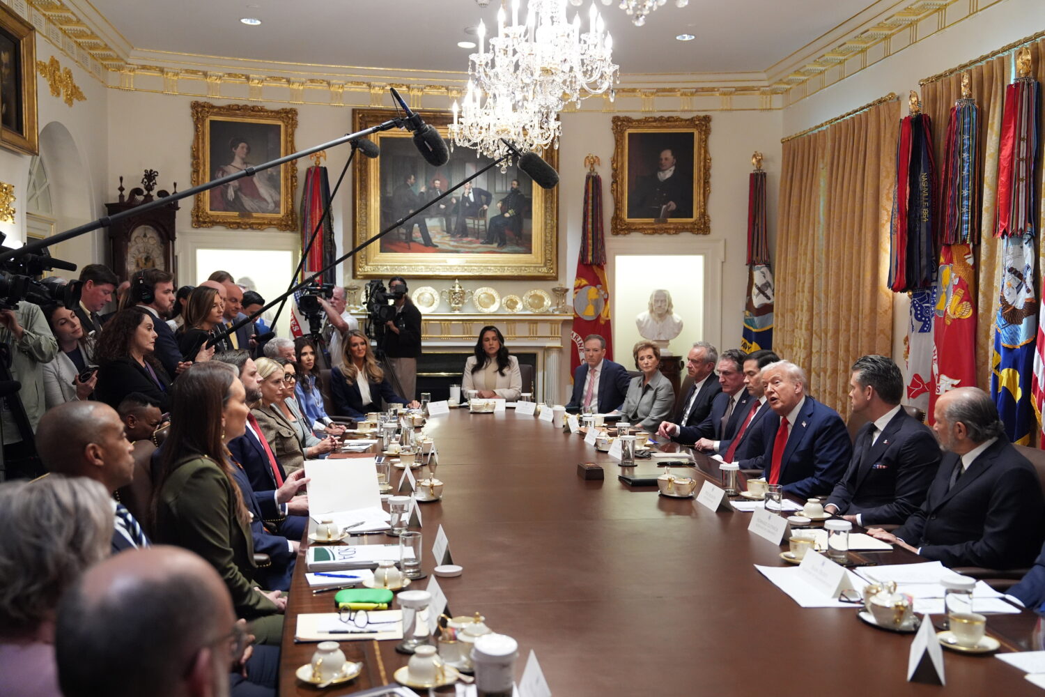 President Donald Trump speaks during a cabinet meeting at the White House, Thursday, Oct. 9, 2025, ...