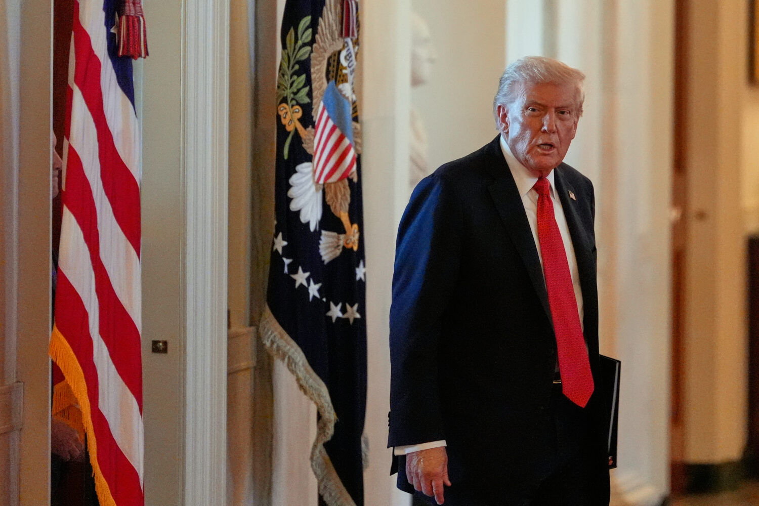 President Donald Trump arrives to speak during an event to welcome the 2025 LSU and LSU-Shreveport ...
