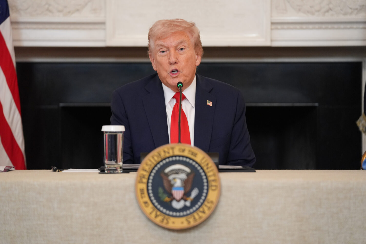 President Donald Trump speaks during a roundtable meeting on antifa in the State Dining Room at the...