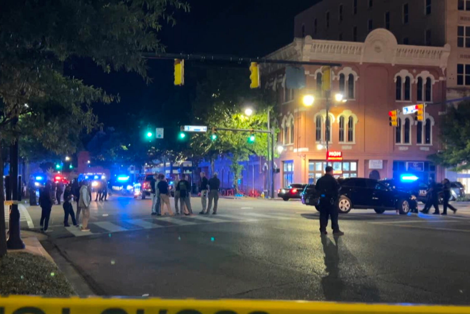 This image taken from video provided by WSFA shows the scene after a shooting earlier Saturday in d...