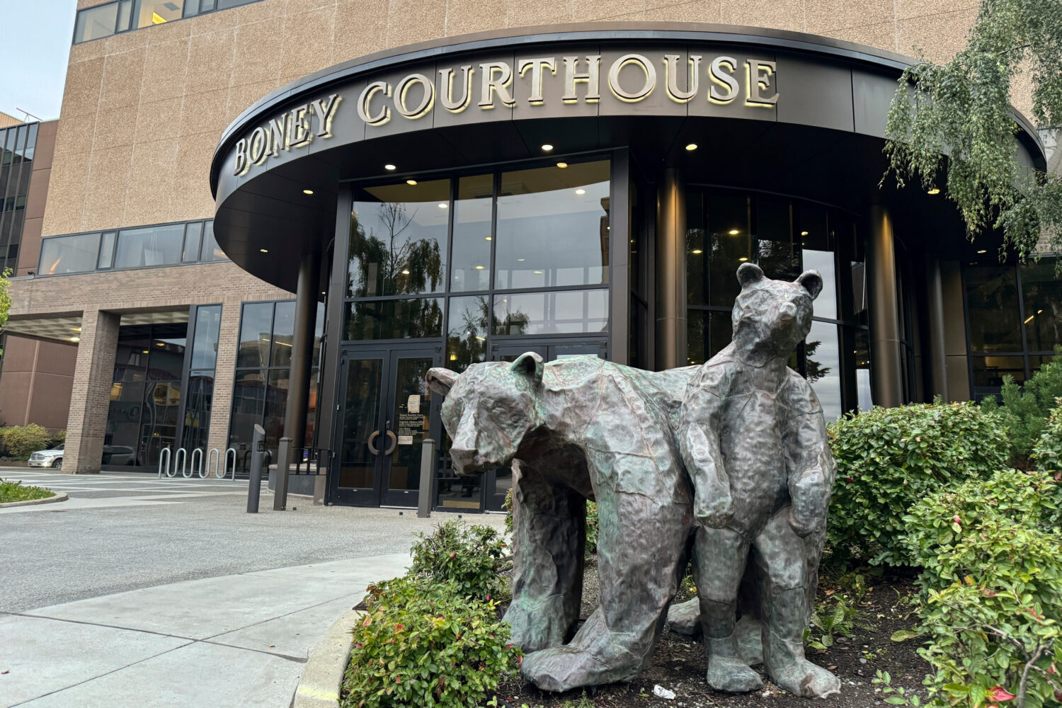 FILE - Bear sculptures sit outside the Boney Courthouse, where the Alaska Supreme Court hears cases...