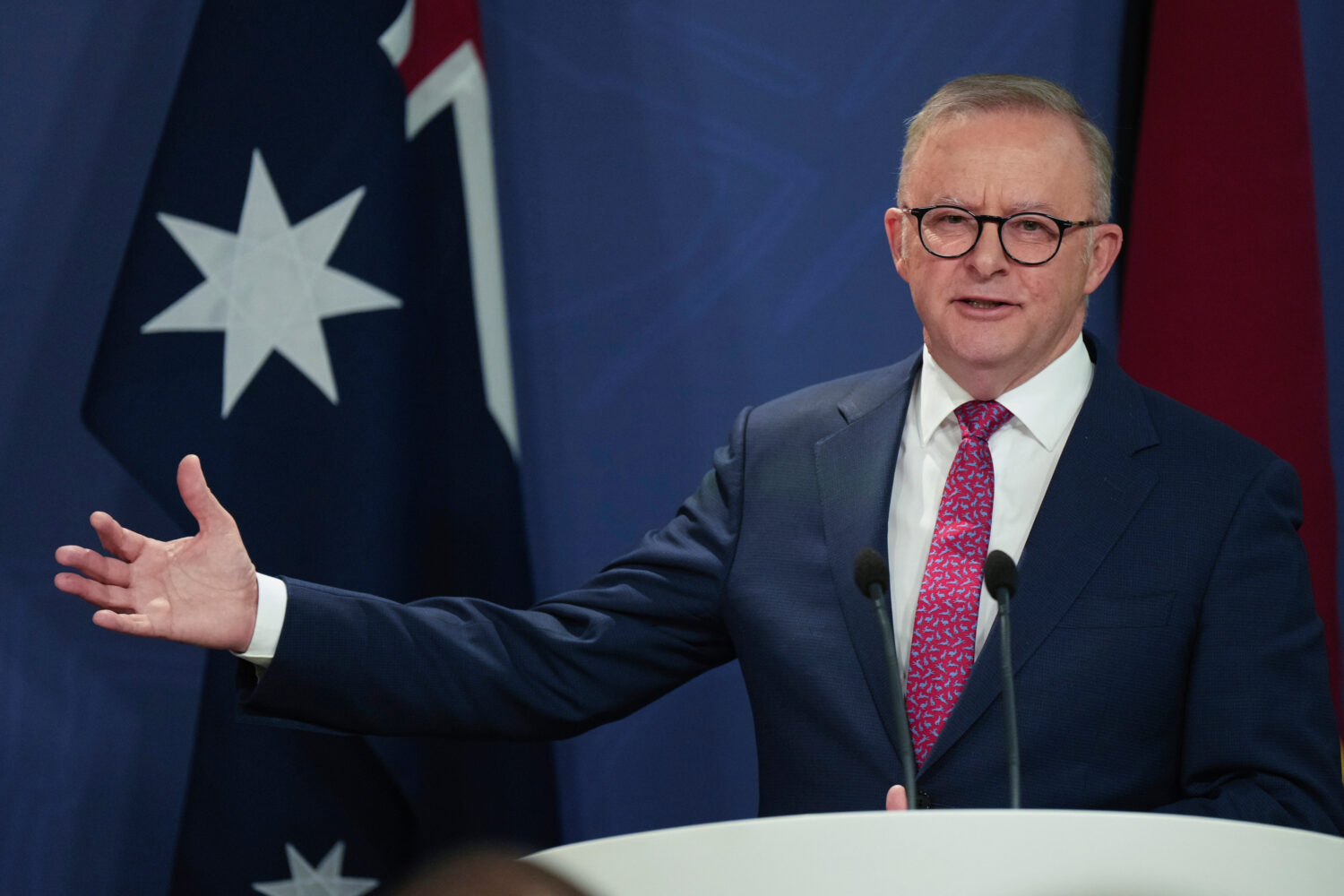 FILE - Australian Prime Minister Anthony Albanese gestures during a press conference in Sydney, Aus...
