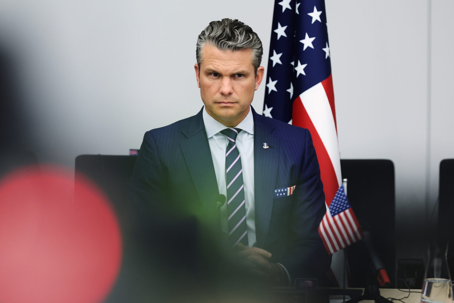 United States Defense Secretary Pete Hegseth addresses a meeting of the Ukraine Defense Contact Gro...