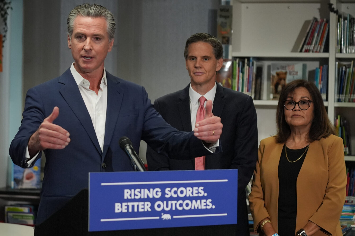 California Gov. Gavin Newsom speaks about legislation related to student literacy with Marshall Tuc...
