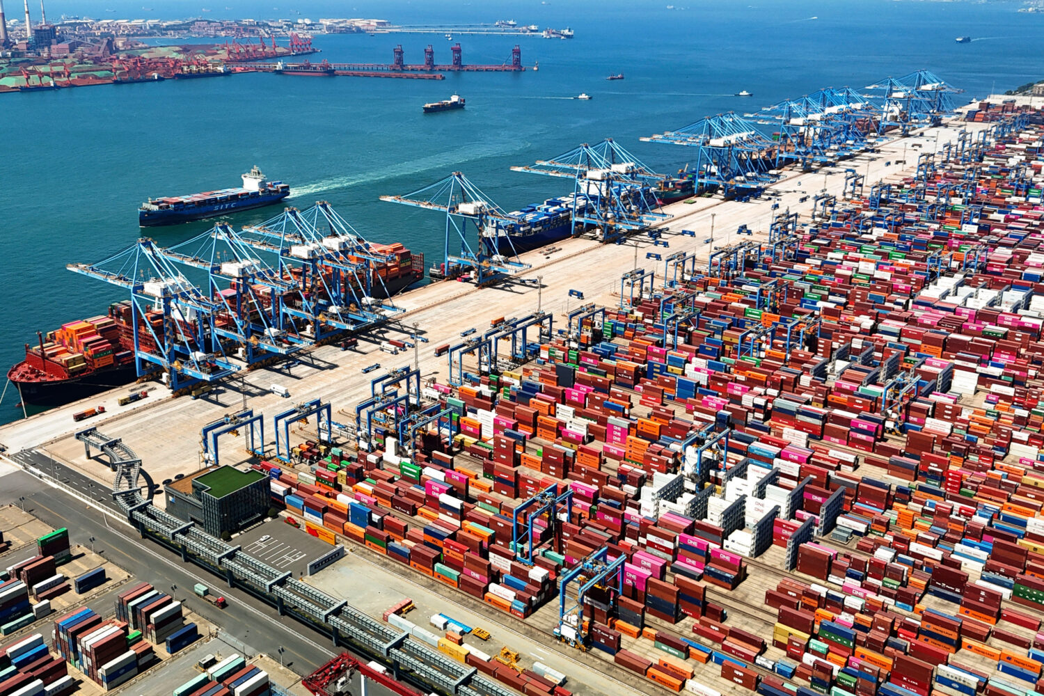 FILE - An aerial view of a container port is seen in Qingdao in east China's Shandong province, on ...