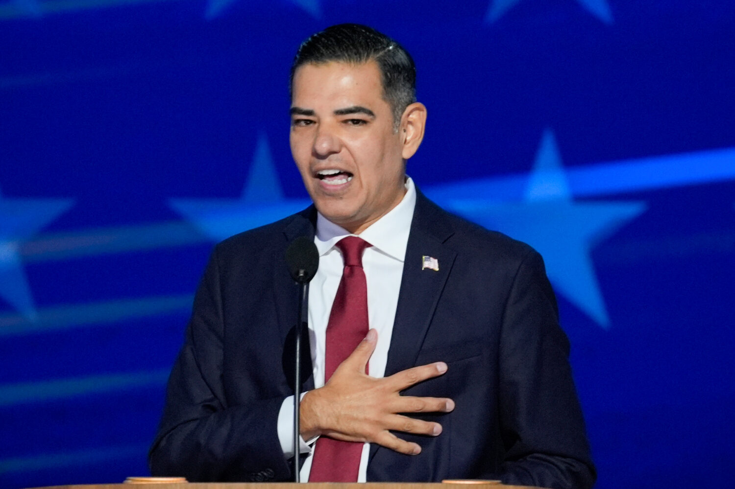 FILE - Rep. Robert Garcia, D-Calif., speaks during the Democratic National Convention Aug. 19, 2024...