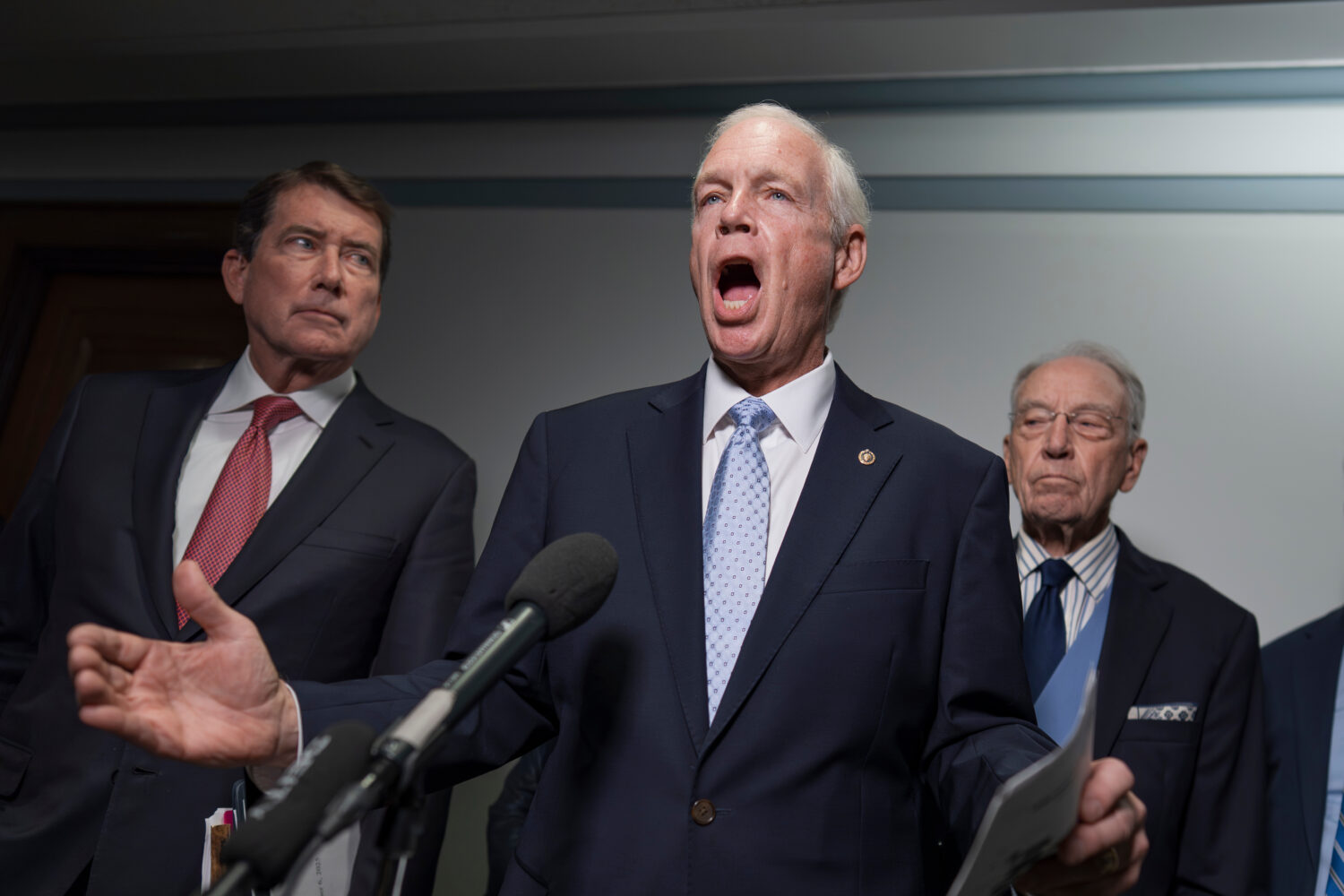 Sen. Ron Johnson, R-Wis., chairman of the Permanent Subcommittee on Investigations, center, is flan...