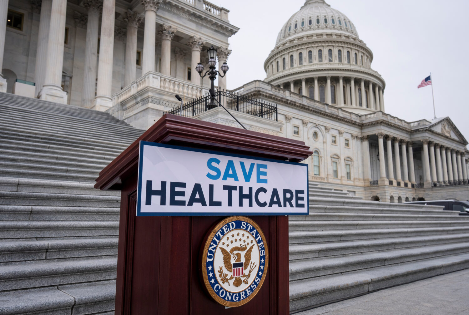 House Democrats prepare to speak on the steps of the Capitol to insist that Republicans include an ...
