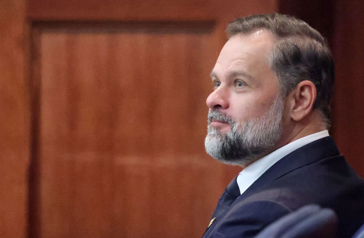 U.S. Rep. Cory Mills listens to the proceedings in Third Judicial Circuit court in Lake City, Fla.,...