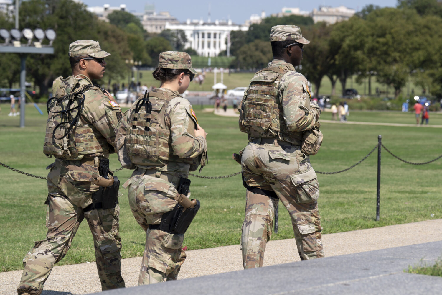 Members of the Ohio National Guard patrol the National Mall, Sunday, Sept. 14, 2025, in Washington....