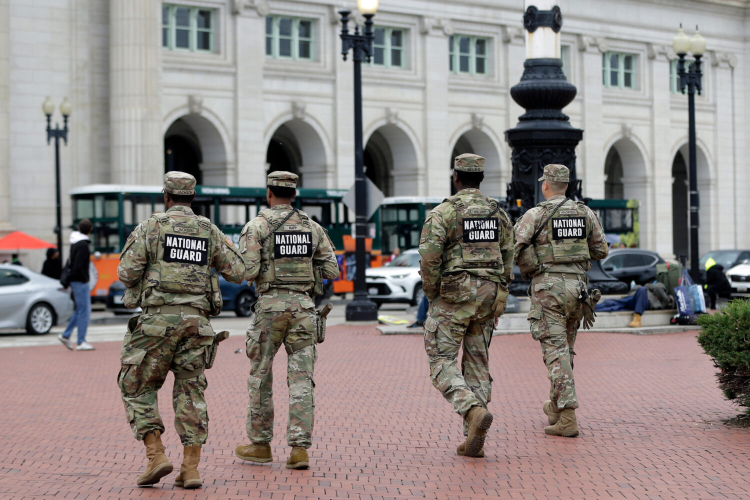 National Guard soldiers patrol at Union Station, Tuesday, Oct. 28, 2025, in Washington. (AP Photo/R...