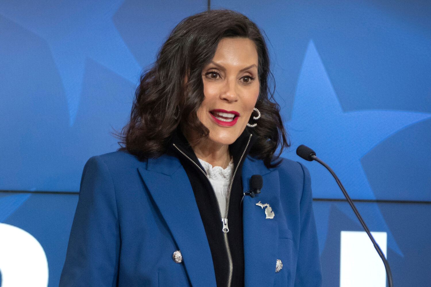 FILE - Michigan Gov. Gretchen Whitmer gives a policy speech at an event, April 9, 2025, in Washingt...