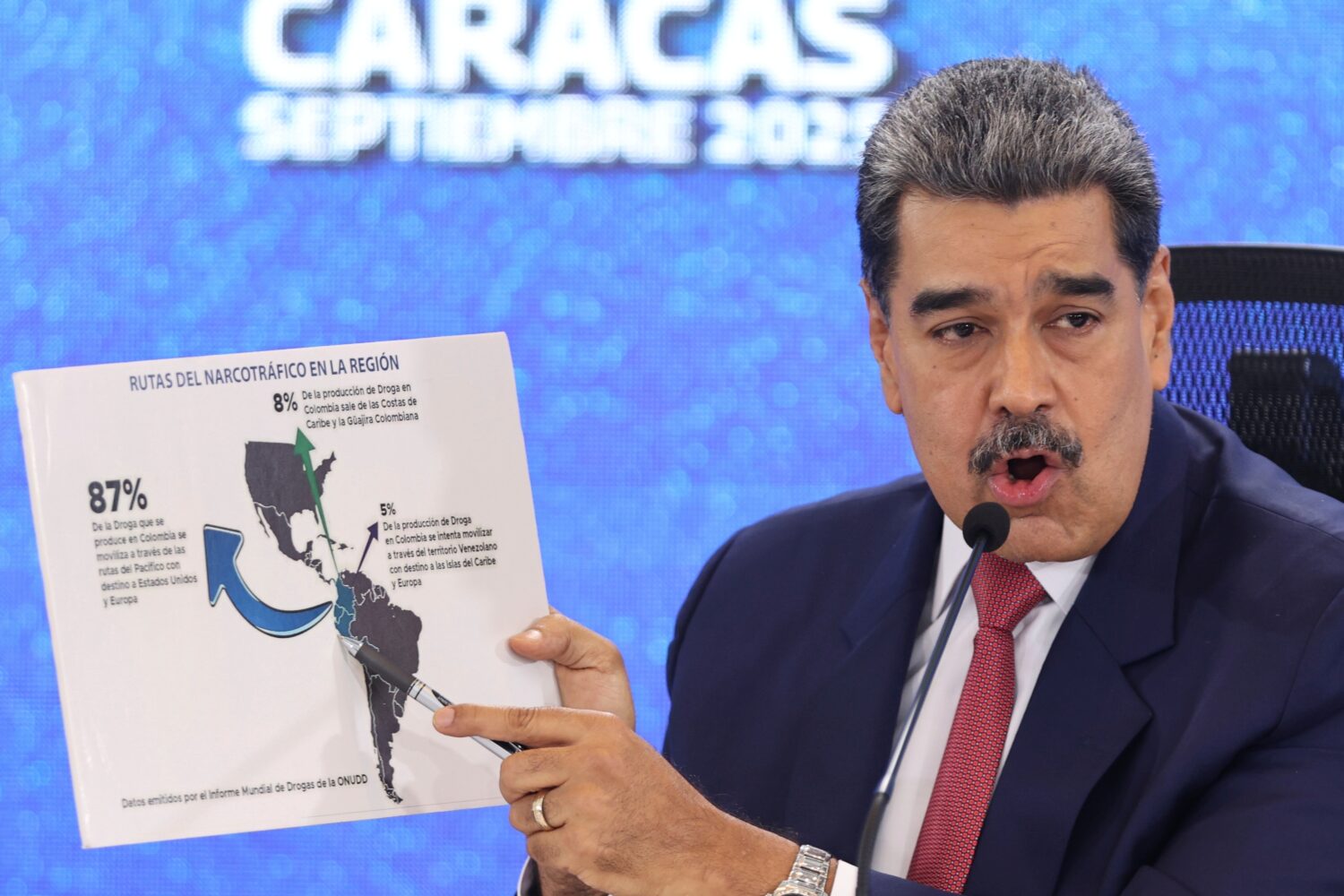 FILE - Venezuela's President Nicolas Maduro points at a map of the Americas during a new conference...