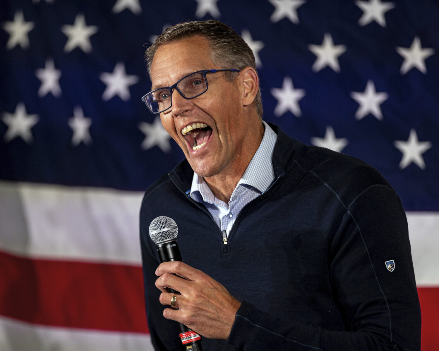 Rep. Randy Feenstra, R-Iowa, speaks during the Triple M Tailgate fundraiser for U.S. Rep. Mariannet...