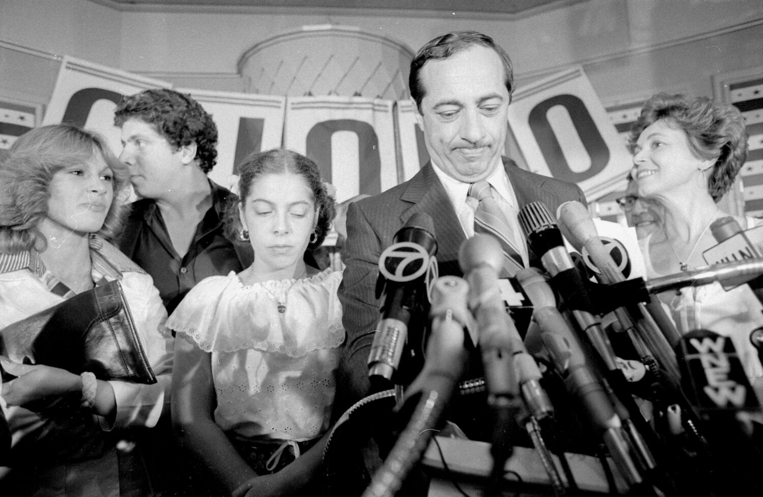 FILE - Joined by his wife, Matilda, right, son Andrew, second from left, and daughter Madeline, thi...
