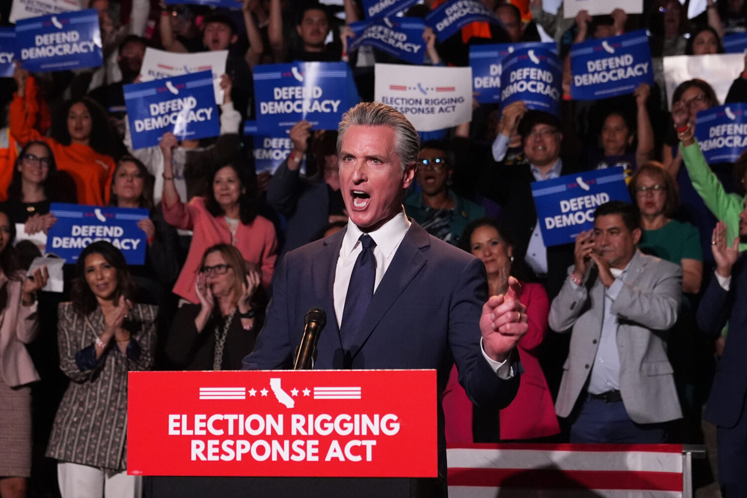 FILE - California Gov. Gavin Newsom speaks during a news conference Thursday, Aug. 14, 2025, in Los...