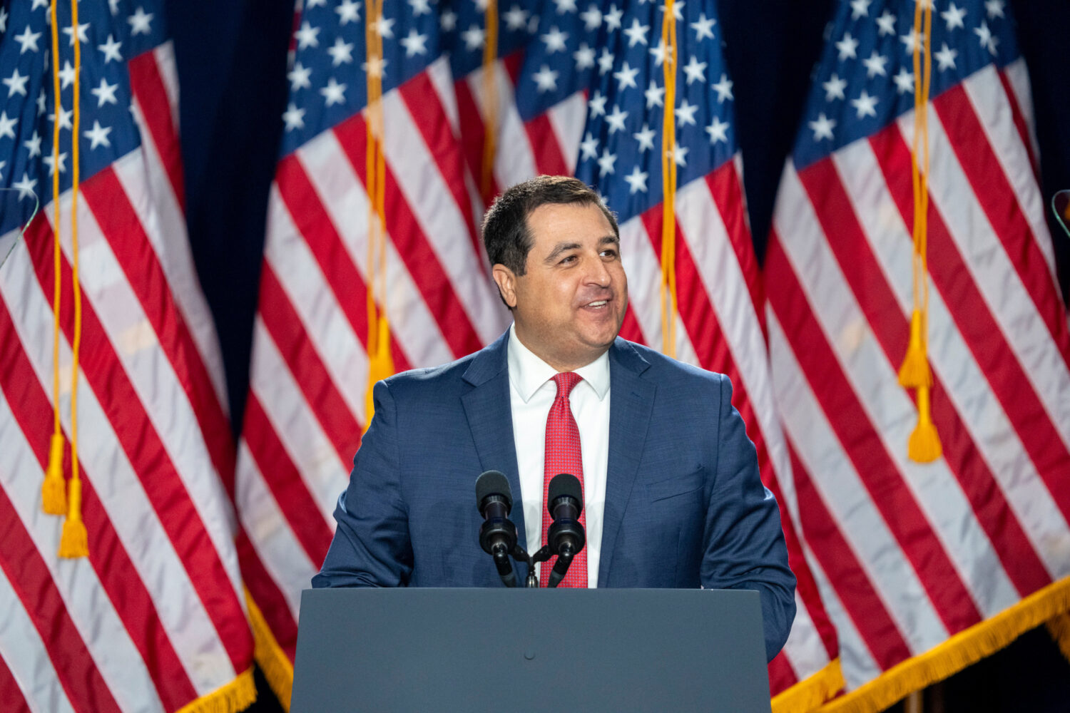 FILE - Wisconsin Attorney General Josh Kaul speaks during a campaign event for Vice President Kamal...