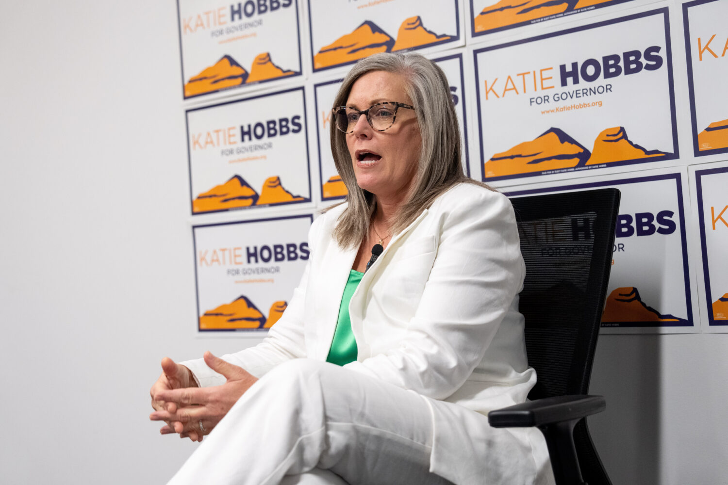 Democratic Arizona Gov. Katie Hobbs speaks during an interview with The Associated Press, Tuesday, ...