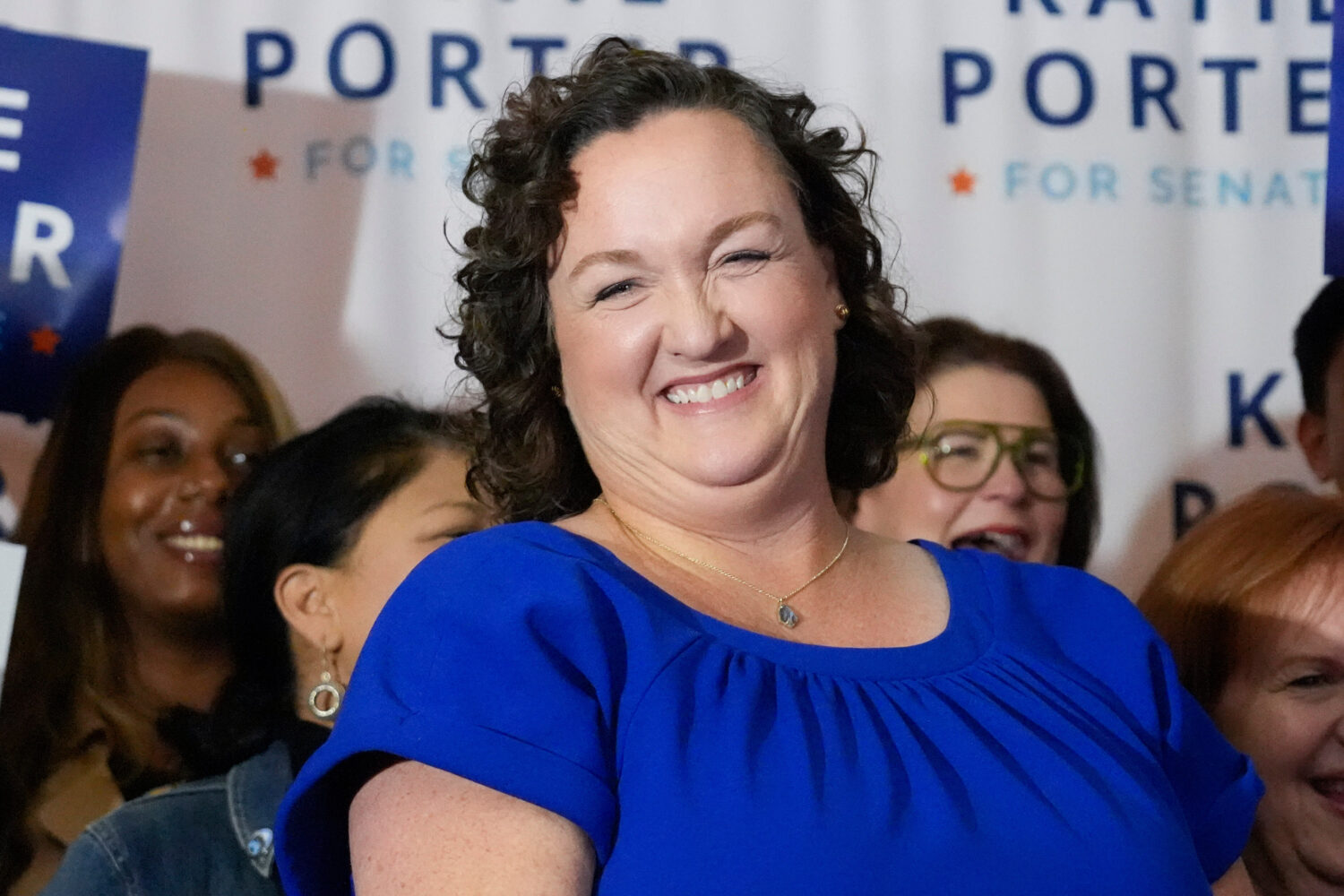 FILE - U.S. Rep. Katie Porter, D-Calif., smiles as she prepares to address supporters at an electio...