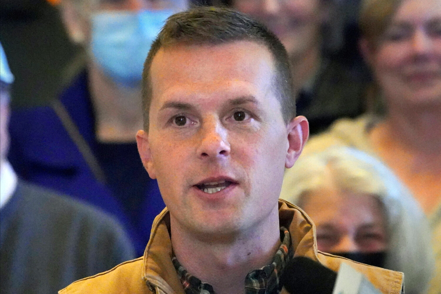 FILE - Rep. Jared Golden, D-Maine, speaks at a news conference, Nov. 1, 2022, at the State House, i...