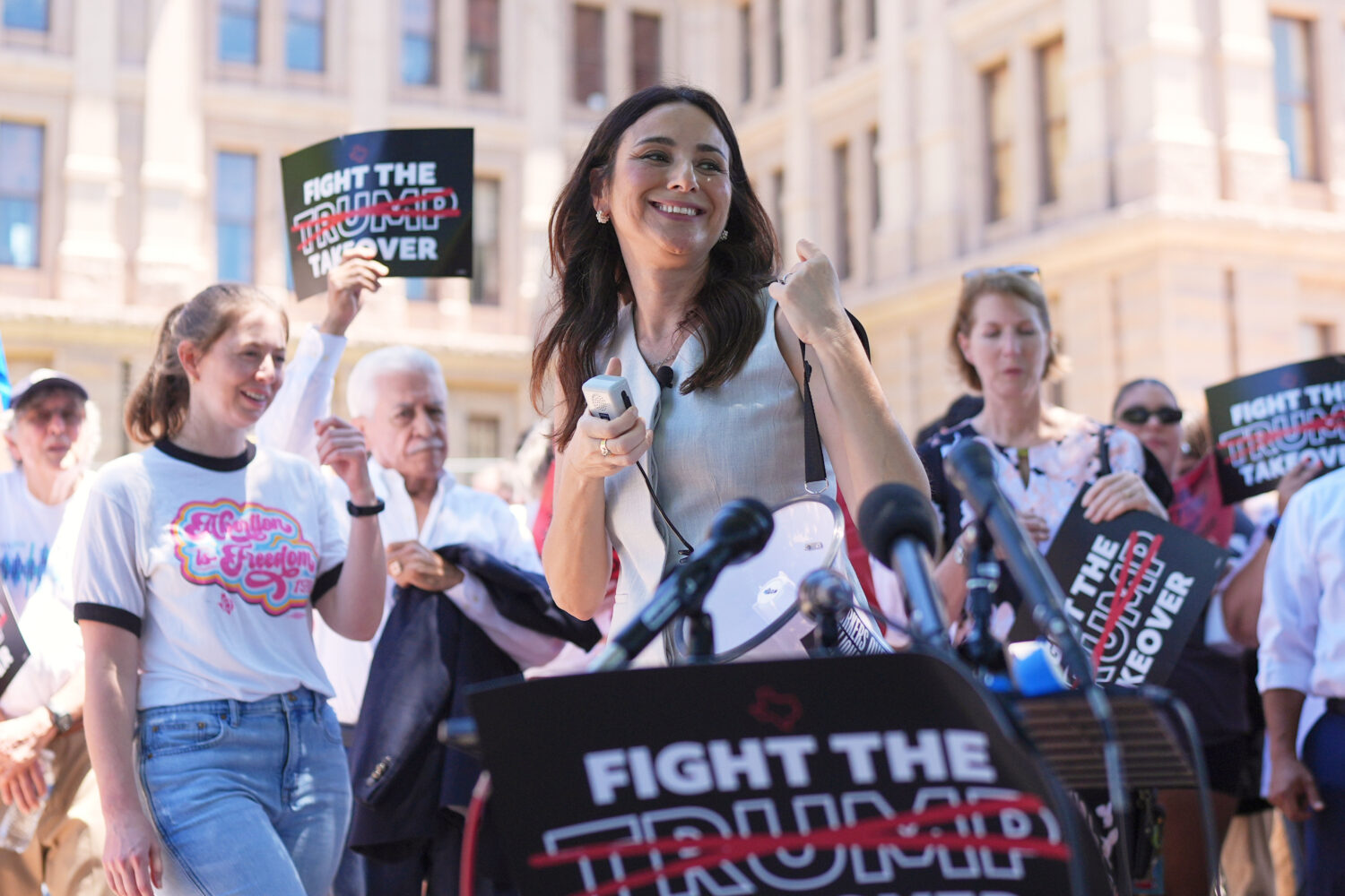 FILE - Texas state Rep Gina Hinojosa speaks during a rally to protest against redistricting hearing...