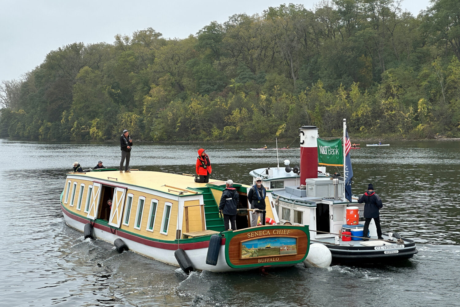 The Seneca Chief travels down the Mohawk River, Oct. 21, 2025, in Glenville, N.Y., commemorating Ne...