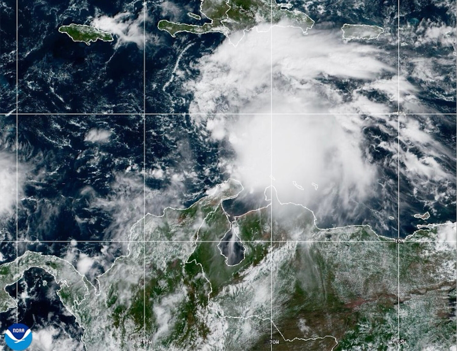 This NOAA satellite image taken at 11:40 a.m. EST on Tuesday, Oct. 21, 2025, shows Tropical Storm M...