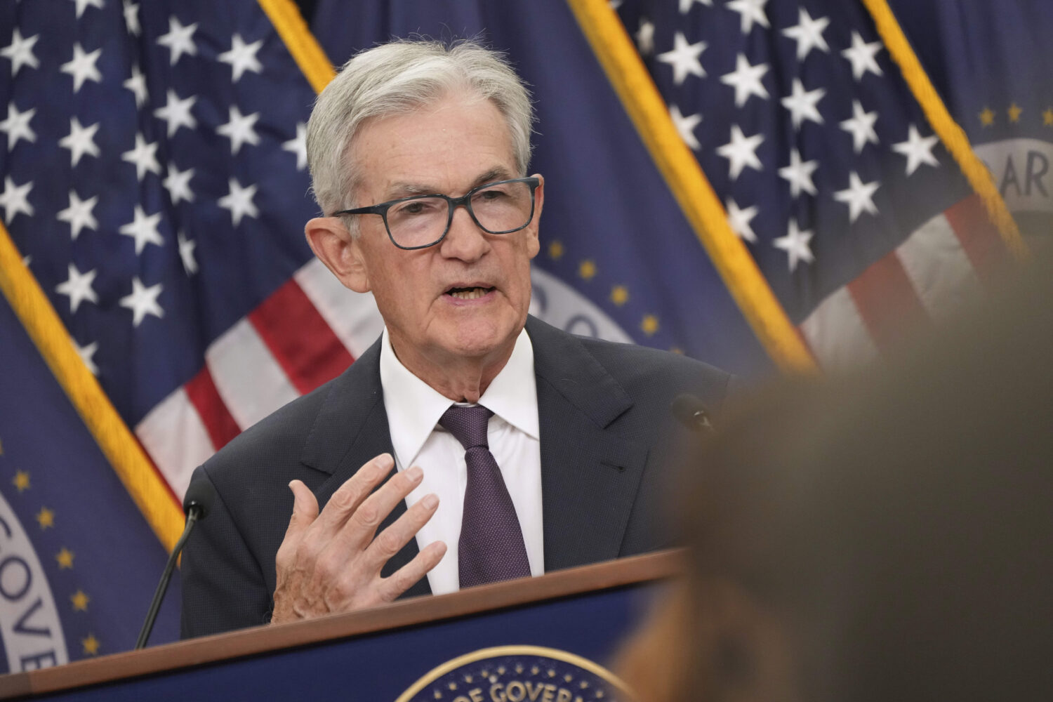 Federal Reserve Chairman Jerome Powell speaks during a news conference following the Federal Open M...
