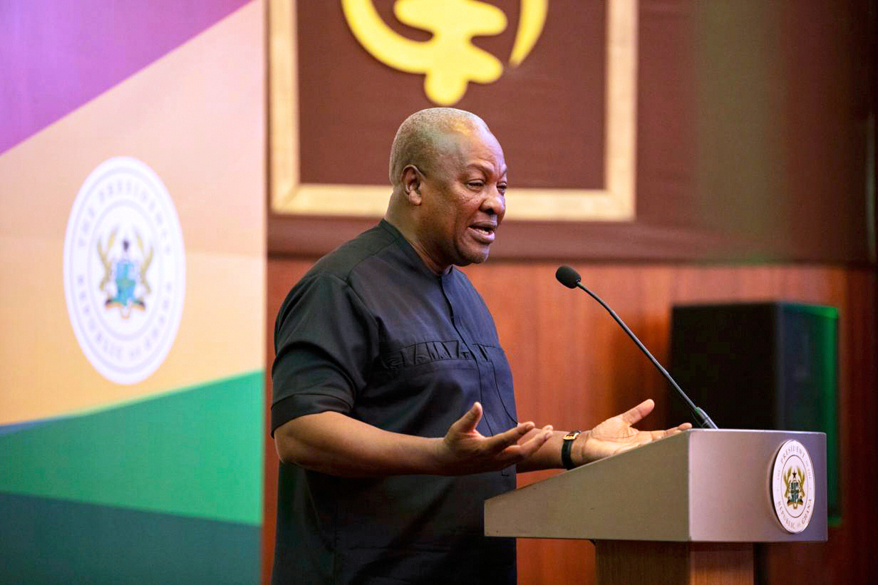 FILE - Ghana's President John Mahama speaks to the media at the Jubilee House in Accra, Ghana, Sept...