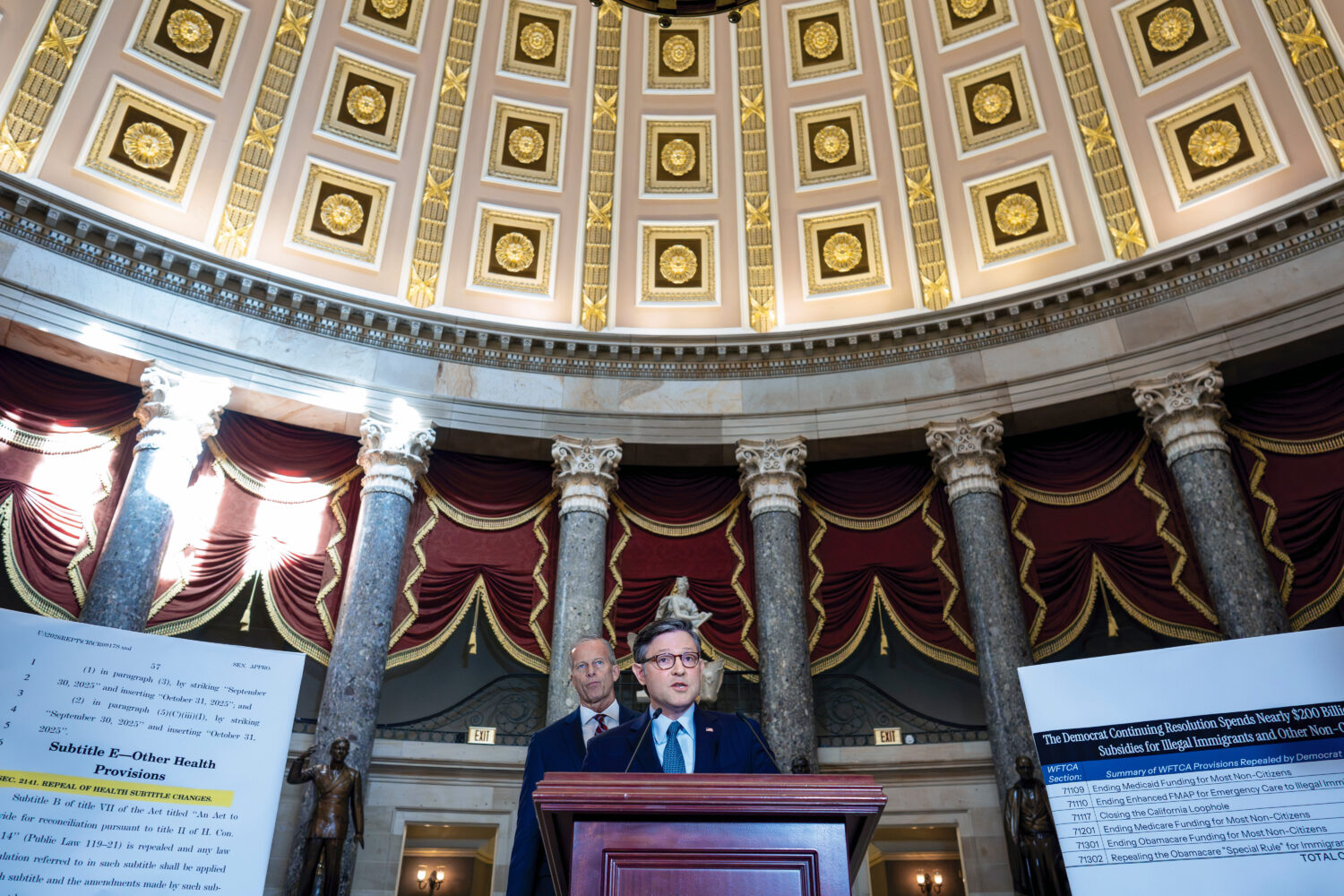 Speaker of the House Mike Johnson, R-La., and Senate Majority Leader John Thune, R-S.D., left, talk...