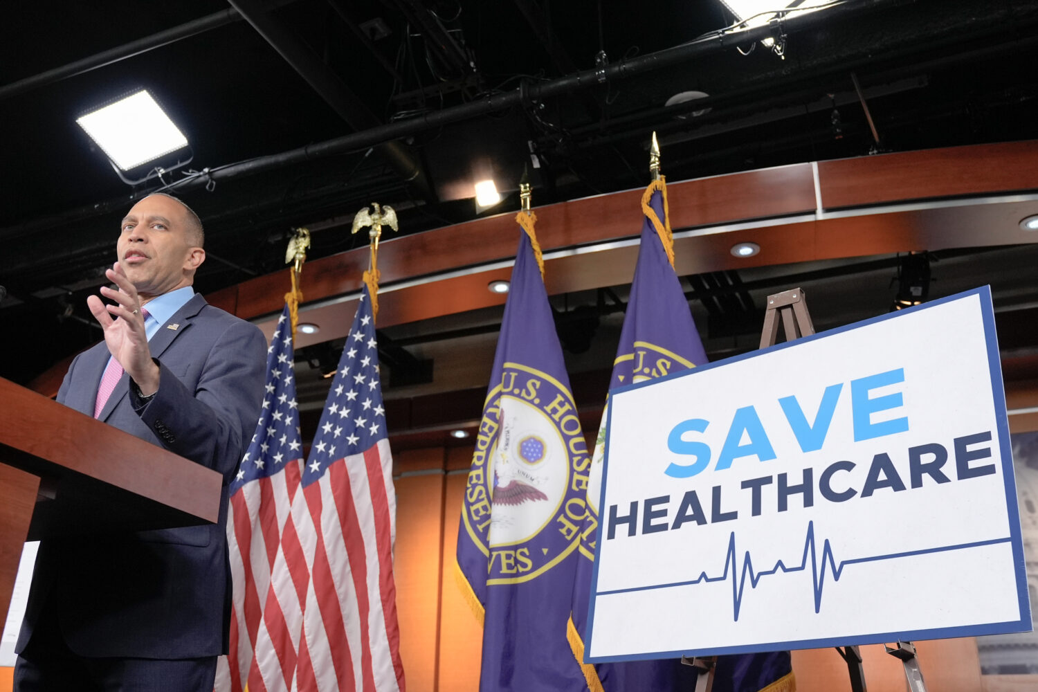 House Minority Leader Hakeem Jeffries, D-N.Y., speaks during a news conference during day 3 of the ...
