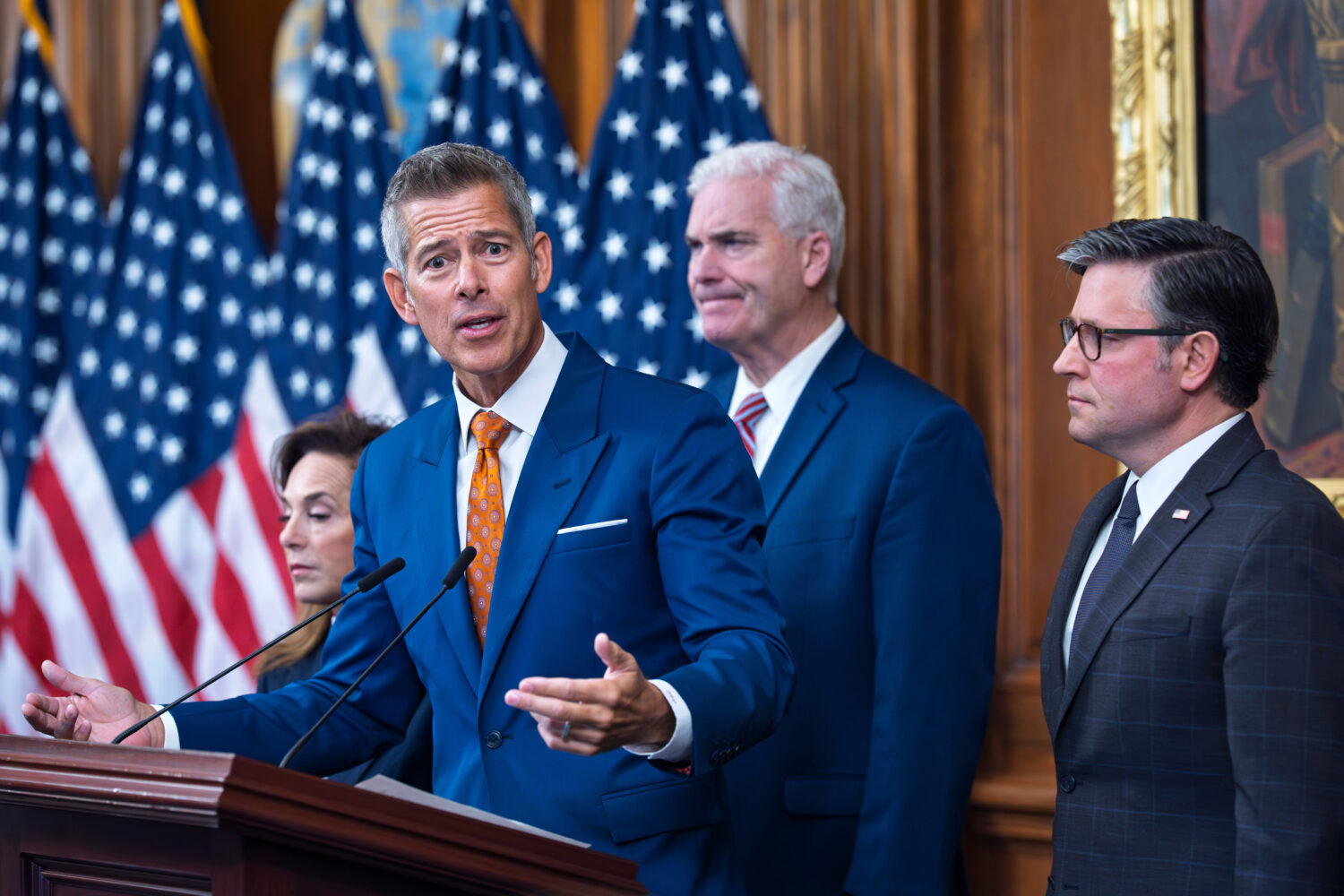 Transportation Secretary Sean Duffy speaks to reporters on day 23 of the government shutdown as he ...
