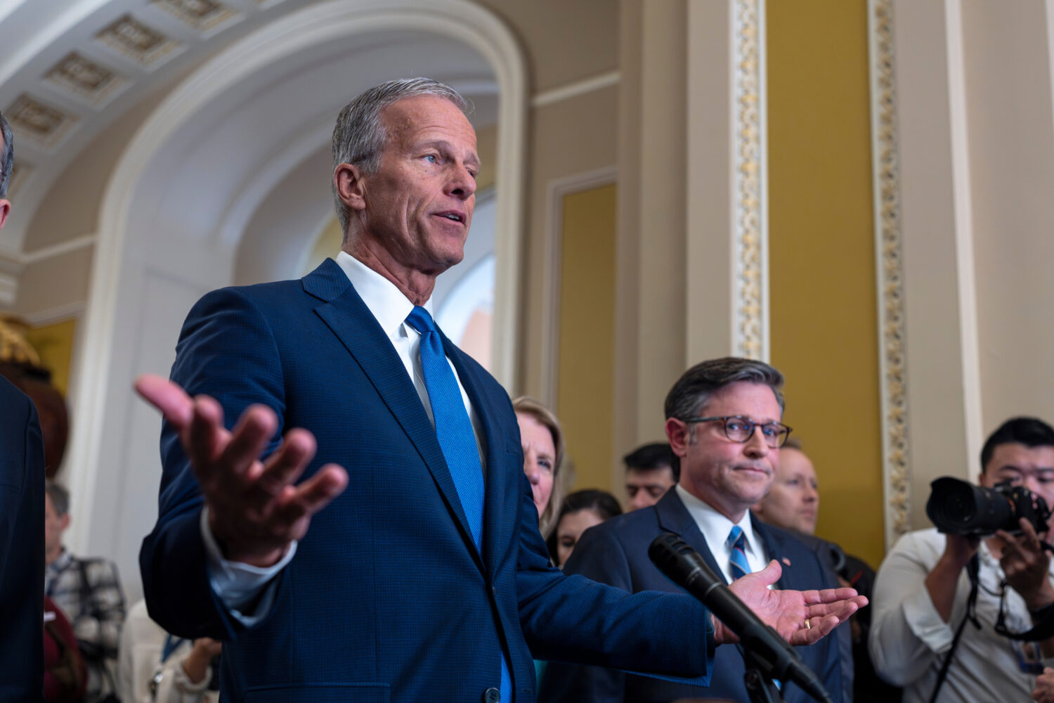 Senate Majority Leader John Thune, R-S.D., is joined by Speaker of the House Mike Johnson, R-La., r...