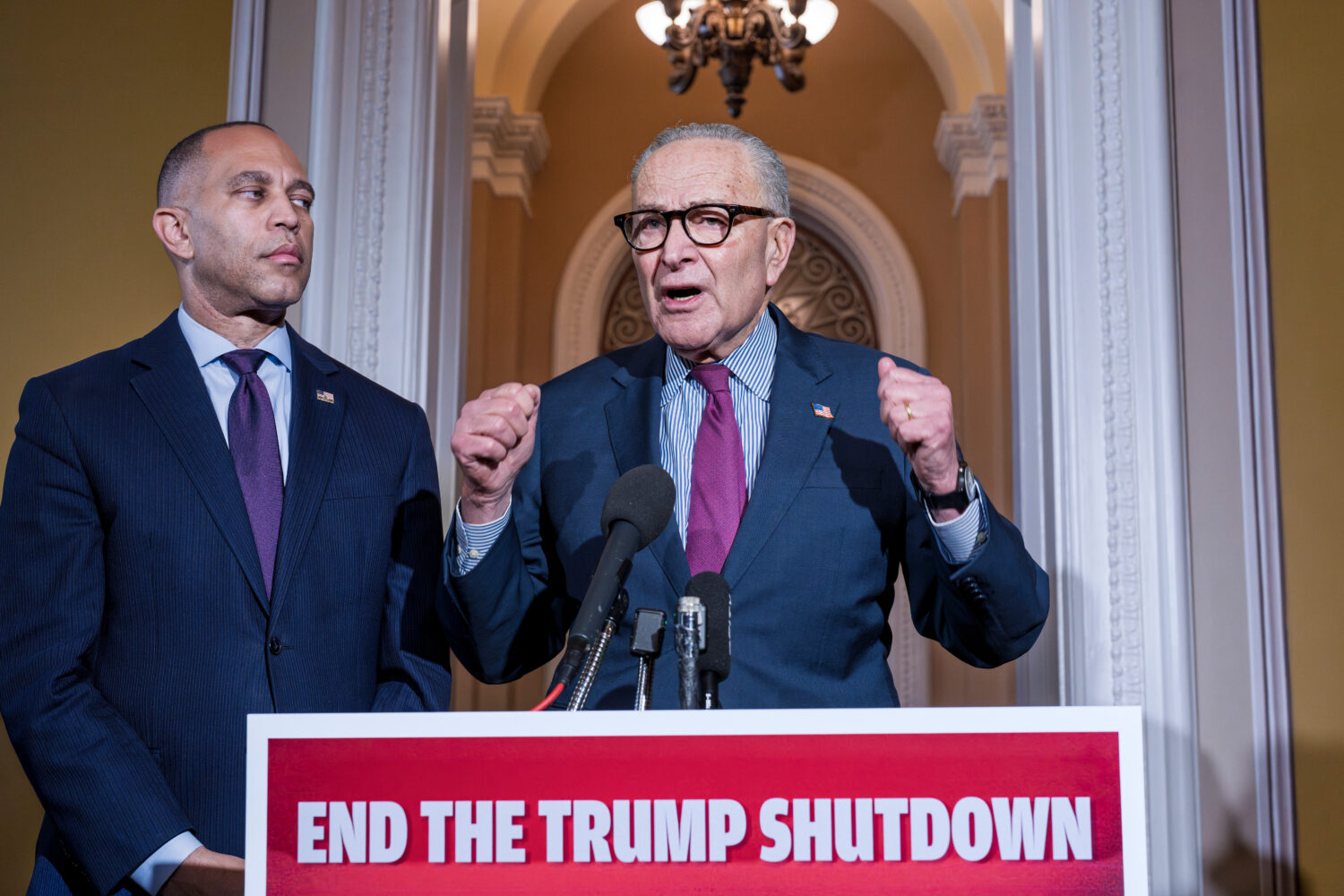 House Minority Leader Hakeem Jeffries, D-N.Y., left, and Senate Minority Leader Chuck Schumer, D-N....