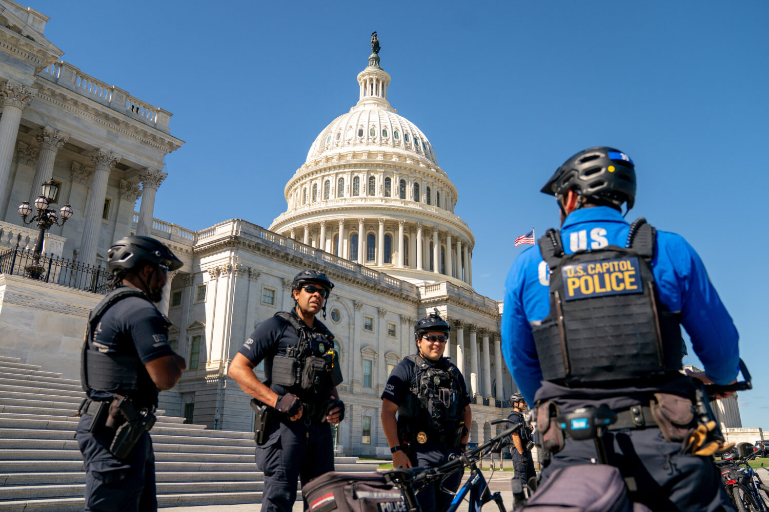 U.S. Capitol Police monitor the perimeter of the Capitol on the ninth day of the government shutdow...