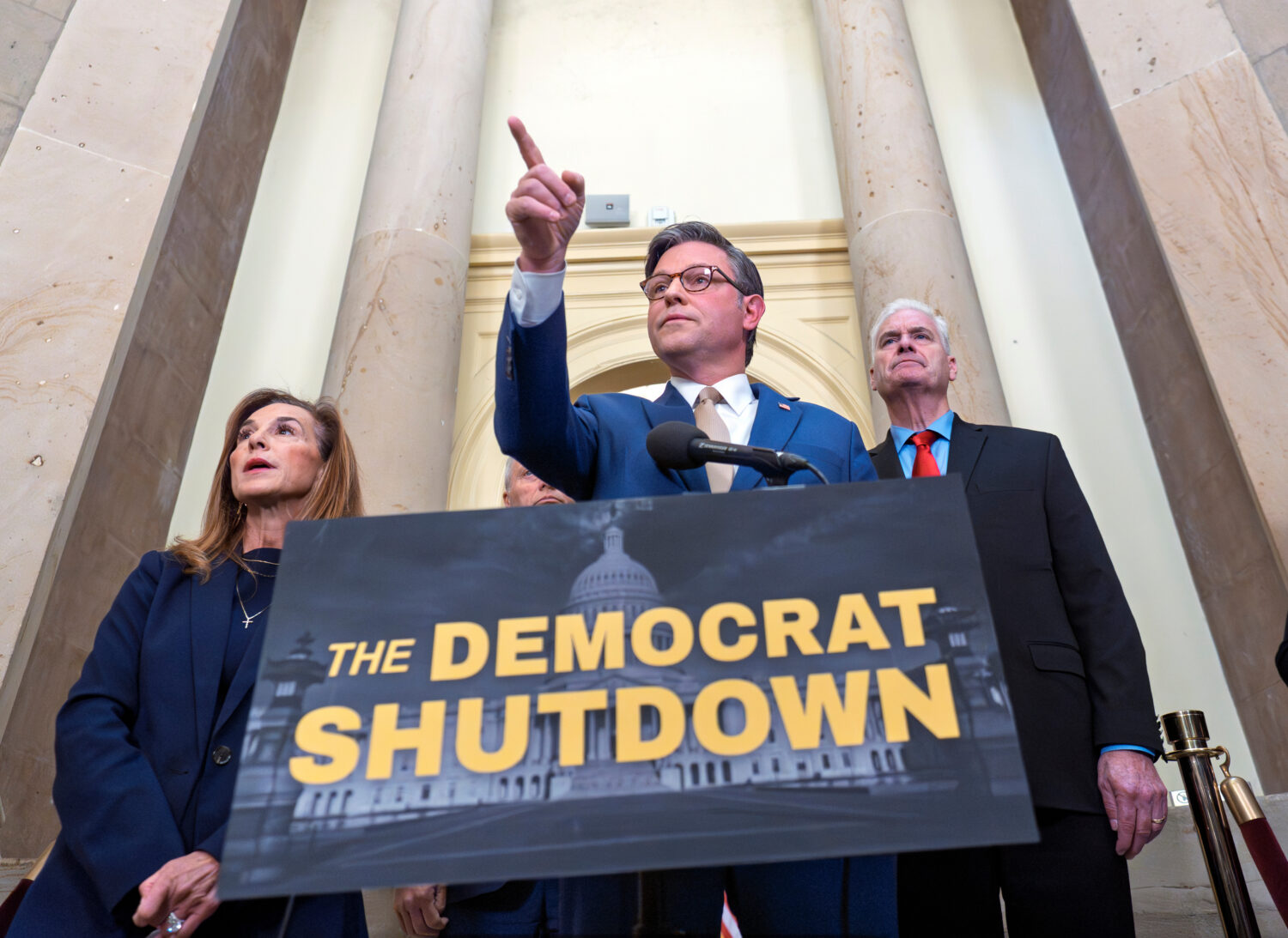 Speaker of the House Mike Johnson, R-La., and GOP leaders, from left, Rep. Lisa McClain, R-Mich., a...