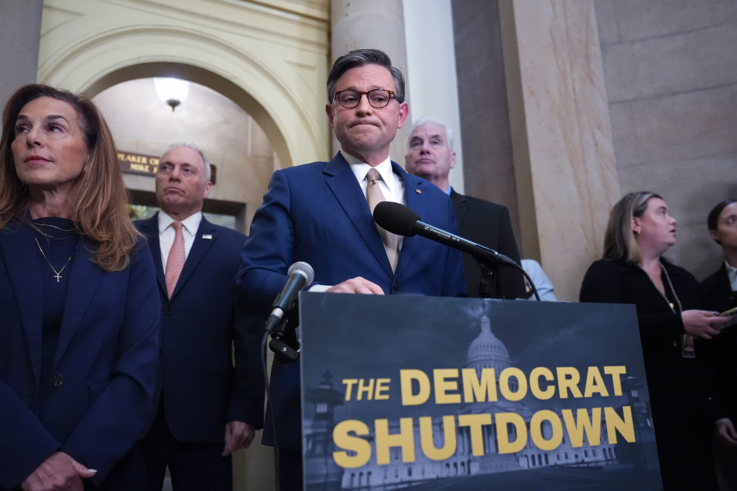Speaker of the House Mike Johnson, R-La., and GOP leaders, from left, Rep. Lisa McClain, R-Mich., M...