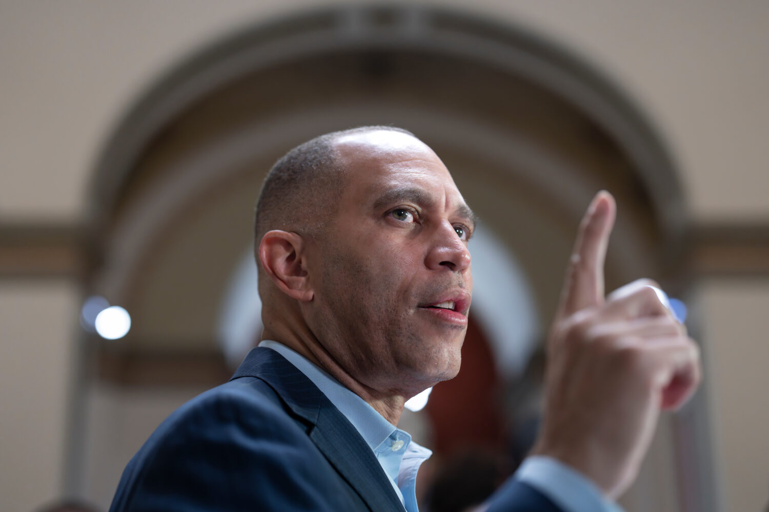 House Minority Leader Hakeem Jeffries, D-N.Y., speaks to reporters on day 17 of the government shut...