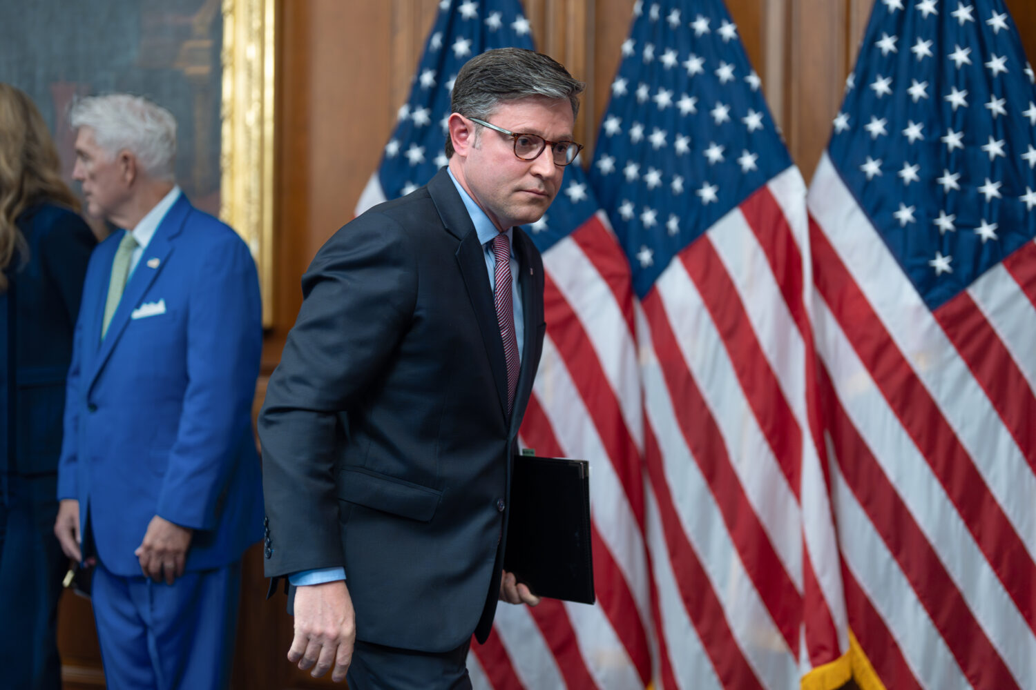 Speaker of the House Mike Johnson, R-La., wraps up a news conference on day 27 of the government sh...