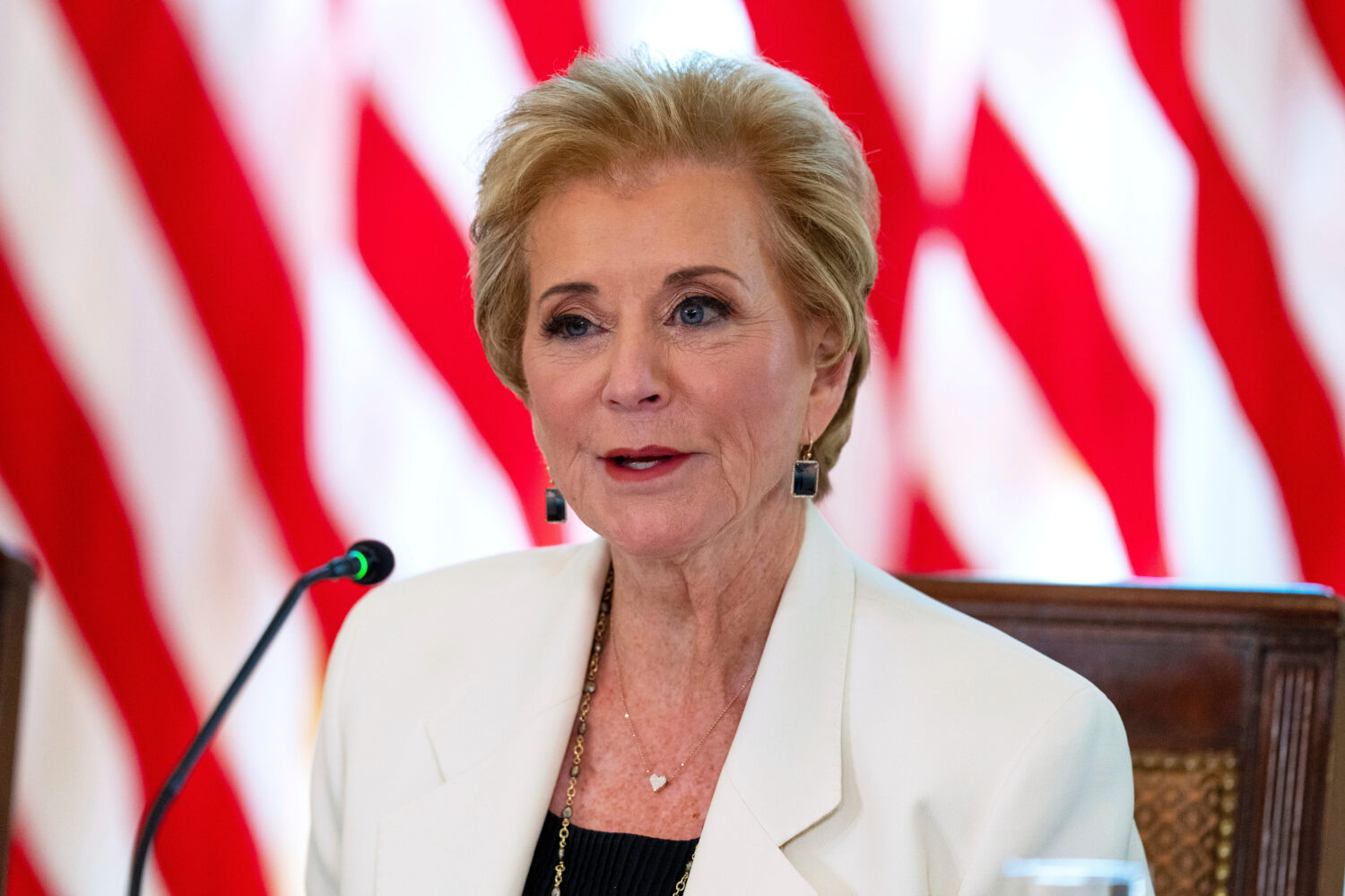 FILE - Education Secretary Linda McMahon speaks during a meeting in the East Room of the White Hous...