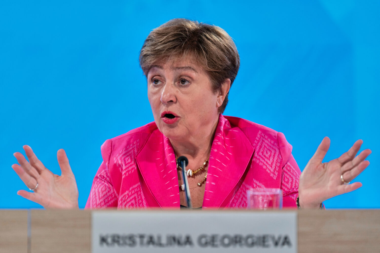 FILE - International Monetary Fund (IMF) Managing Director Kristalina Georgieva speaks during a new...