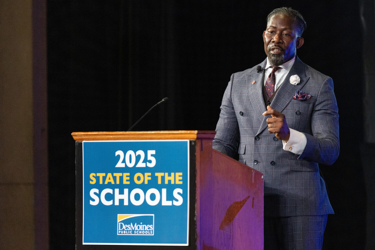 Ian Roberts, superintendent of Des Moines Public Schools, delivers an annual address at North High ...