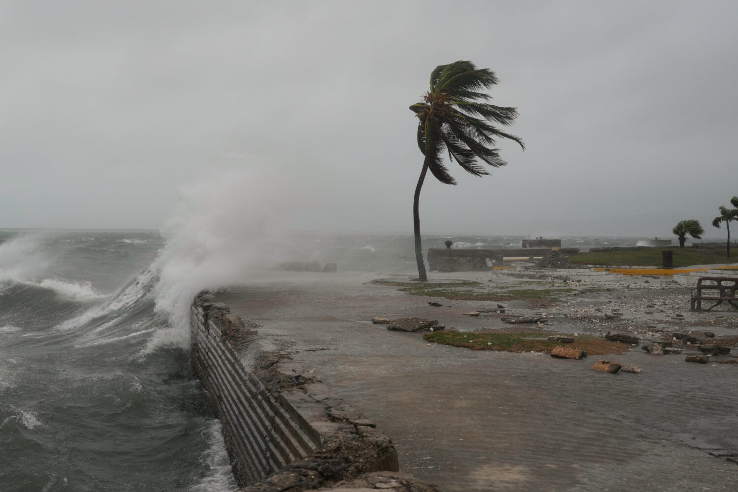 Waves splash in Kingston, Jamaica, as Hurricane Melissa approaches, Tuesday, Oct. 28, 2025. (AP Pho...