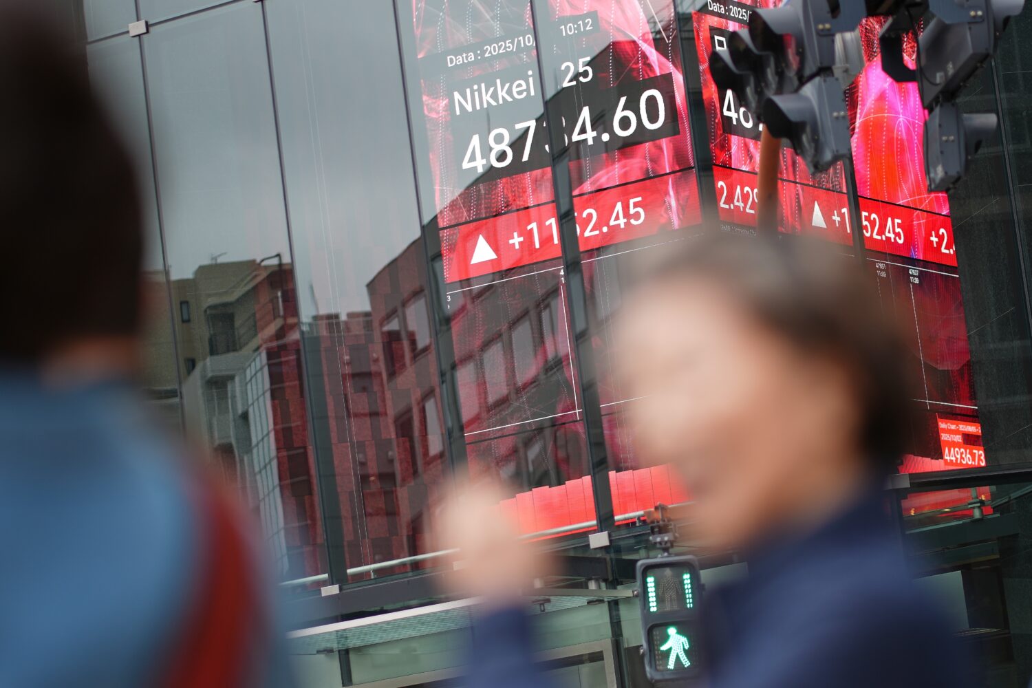 A person walks in front of an electronic stock board showing Japan's Nikkei index at a securities f...