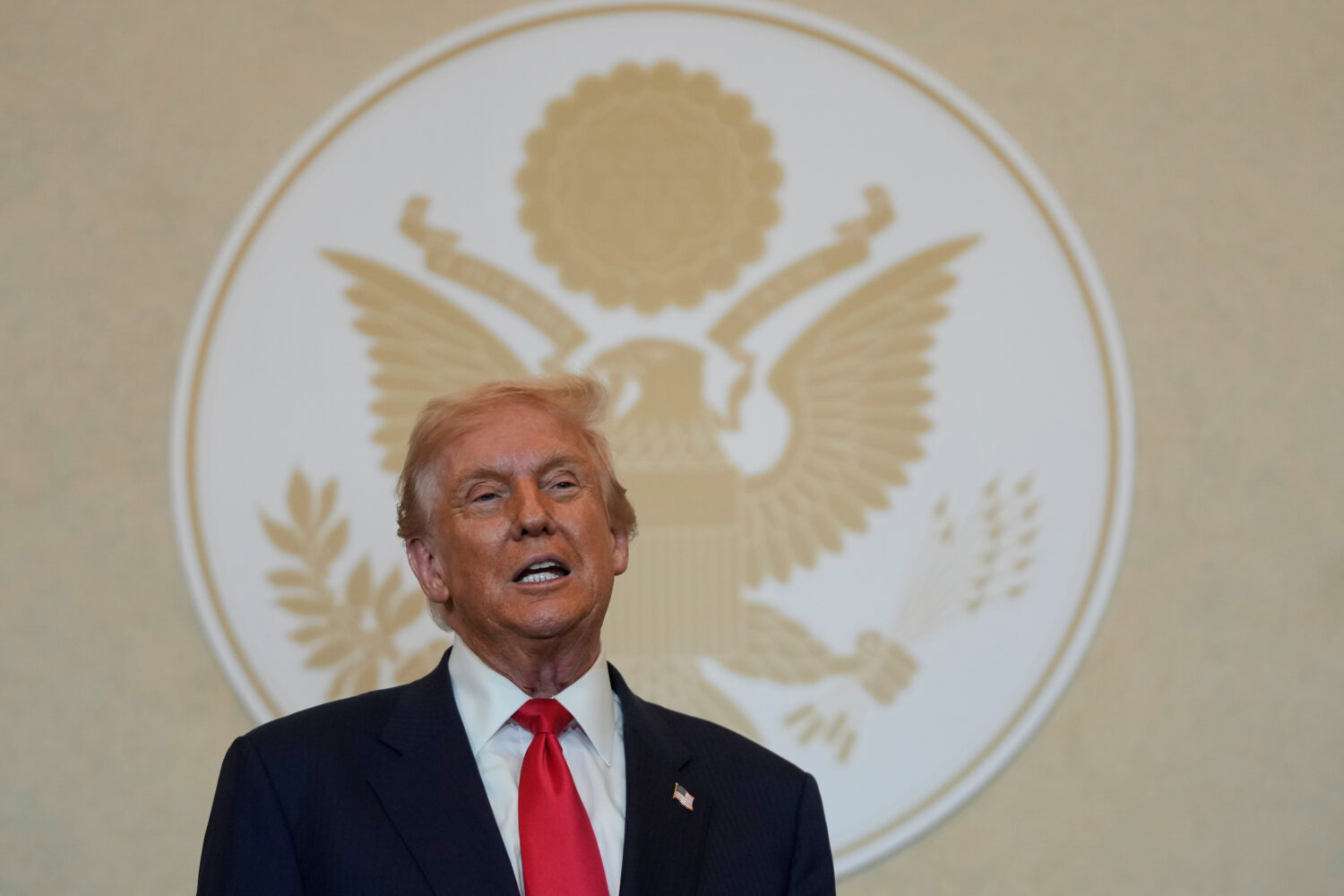 President Donald Trump speaks to business leaders at a dinner event in Tokyo, Japan, Tuesday, Oct. ...